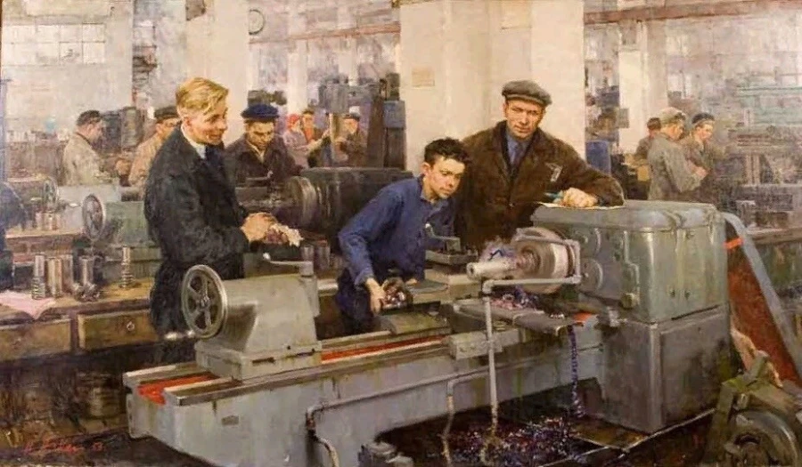 В декабре 1958 года Верховный Совет СССР принял закон «Об укреплении связи школы с жизнью и о дальнейшем развитии системы народного образования в СССР» - положено начало созданию сети ПТУ. Картина Н.Ломакина - Первая деталь (1953)