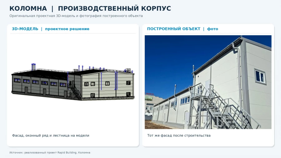 3D/BIM-модель производственного корпуса Rapid Building и фактически реализованное здание (отдельный проект в Коломне).
